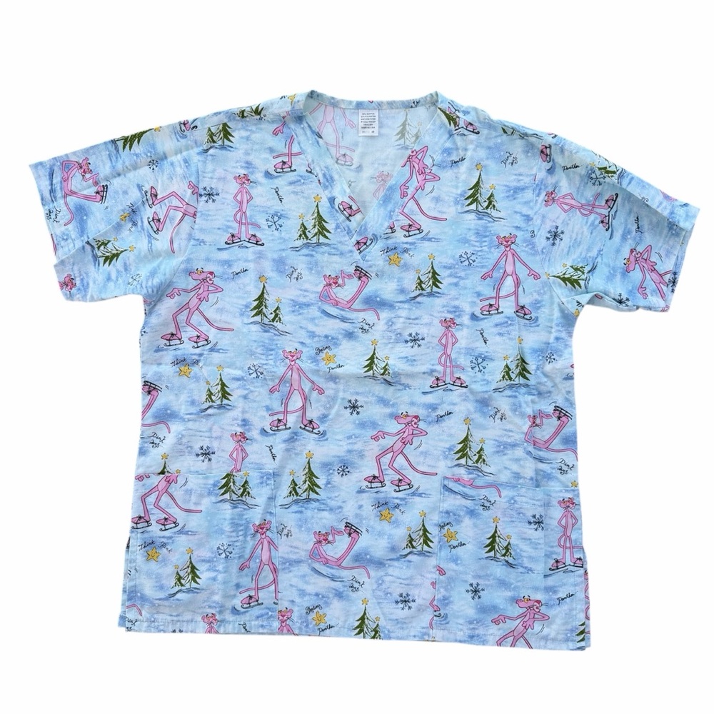 Ice Skating Pink Cartoon Cat Print Scrubs Top Medical Uniform ~ Unisex Medium